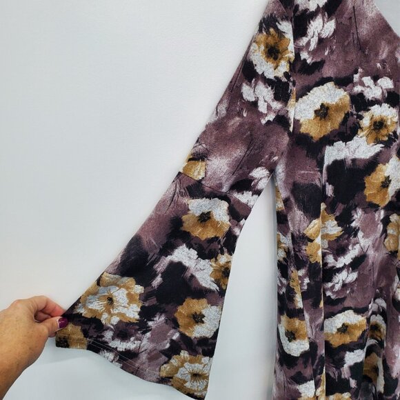 Womens L Boho Floral Mini Dress Long Sleeve Purple Yellow V-Neck Tunic Lined - Picture 10 of 15